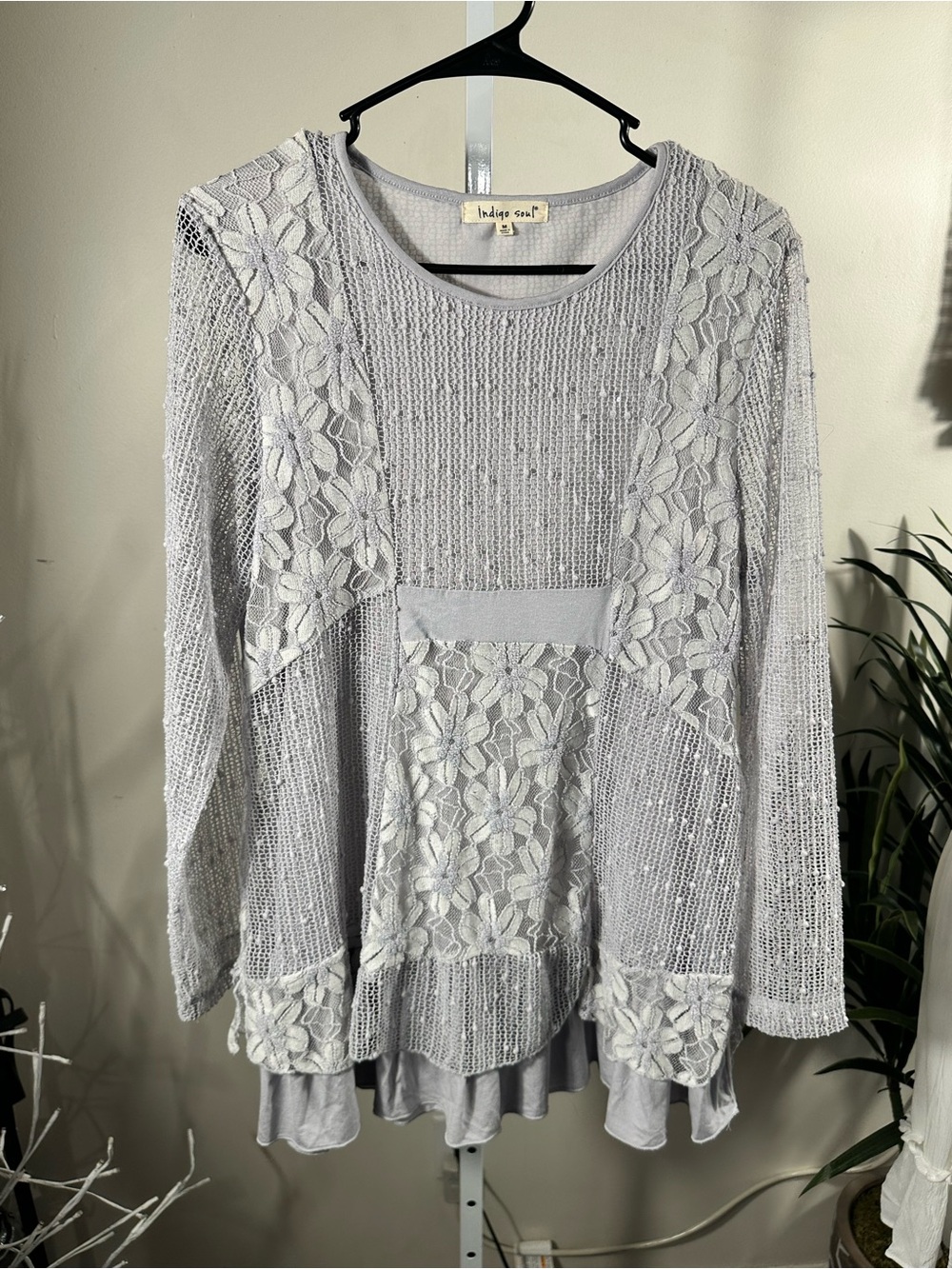 N111. Indigo Soul Lace Panel Light Gray Women's Knit Top